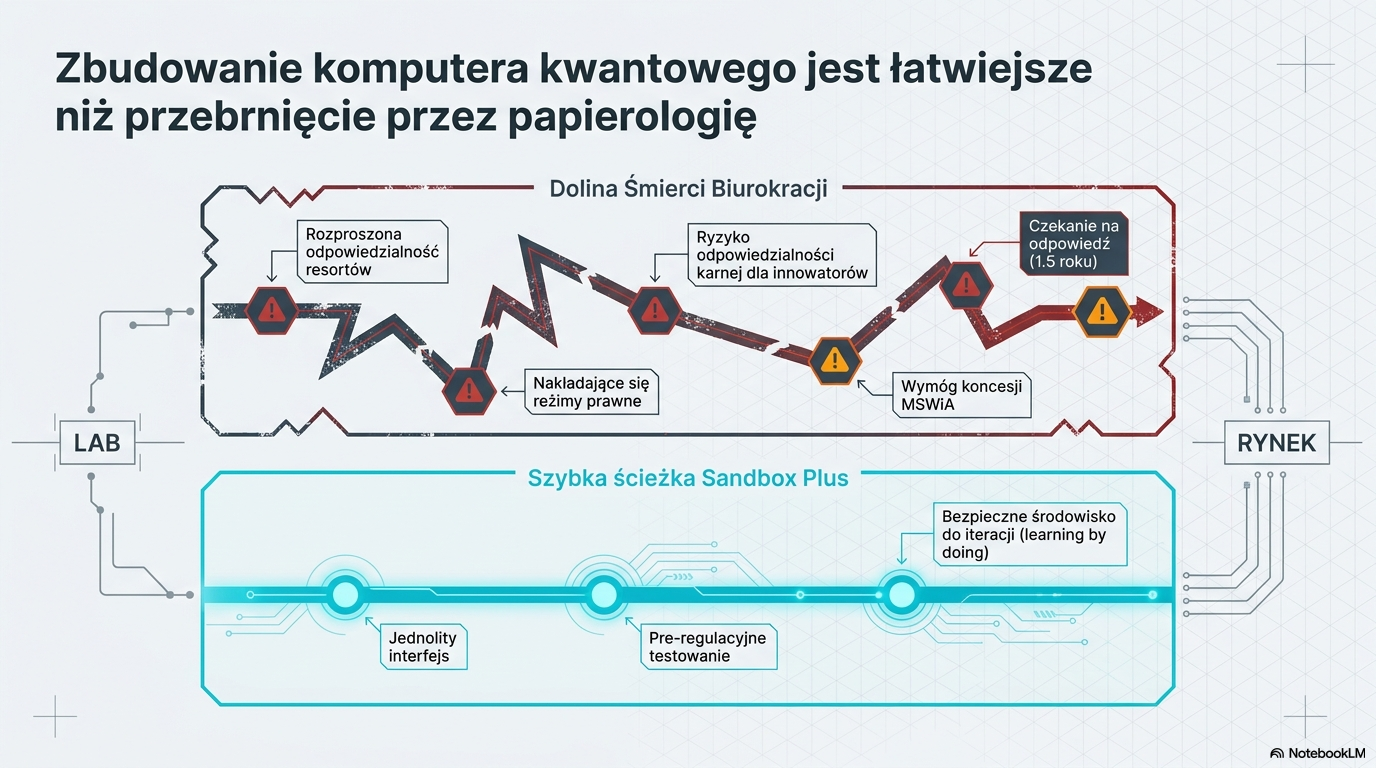 Diagram: ścieżka technologii przecięta obszarem oznaczonym jako Dolina Śmierci Biurokracji.