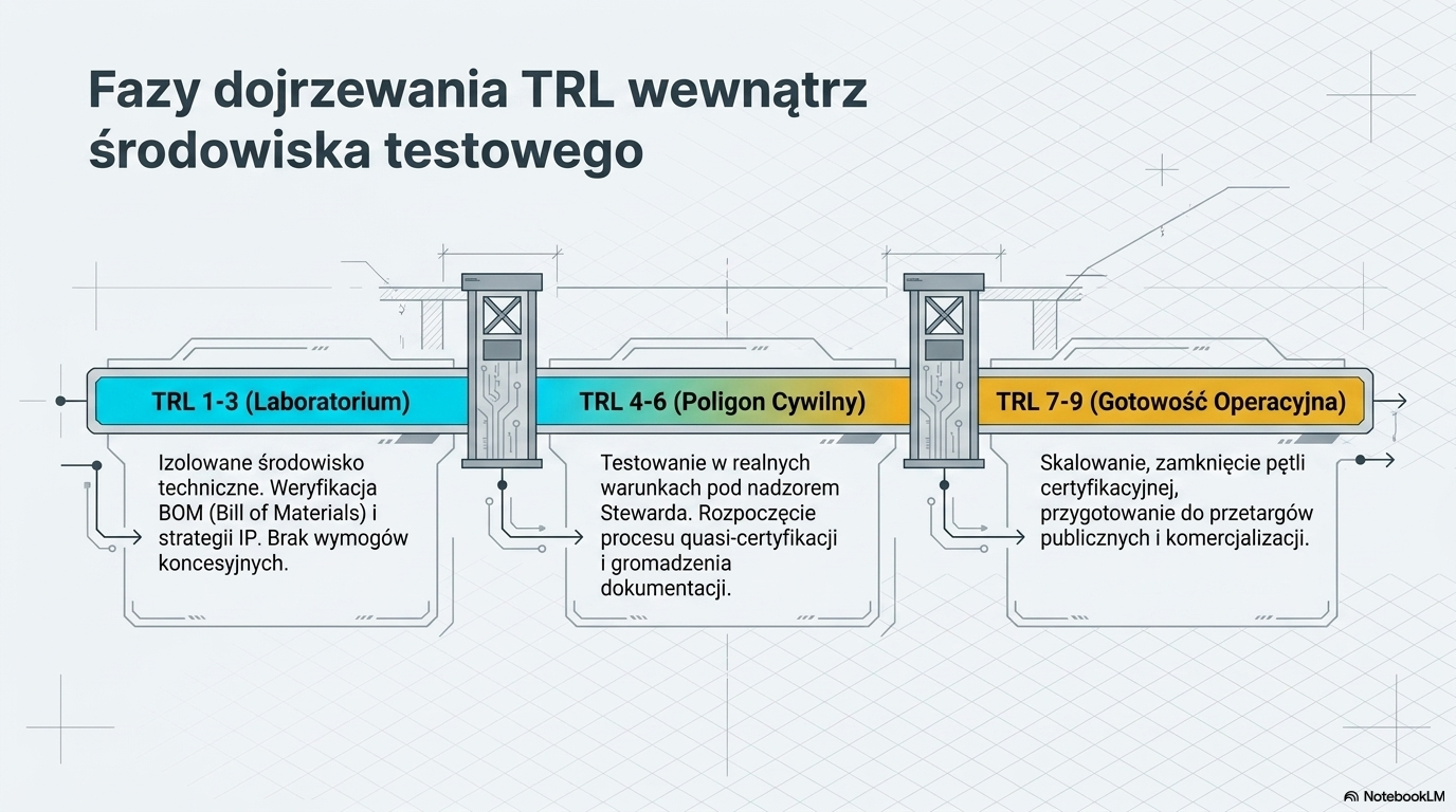 Schemat poziomów gotowości technologicznej i odpowiadających im wymagań dowodowych.