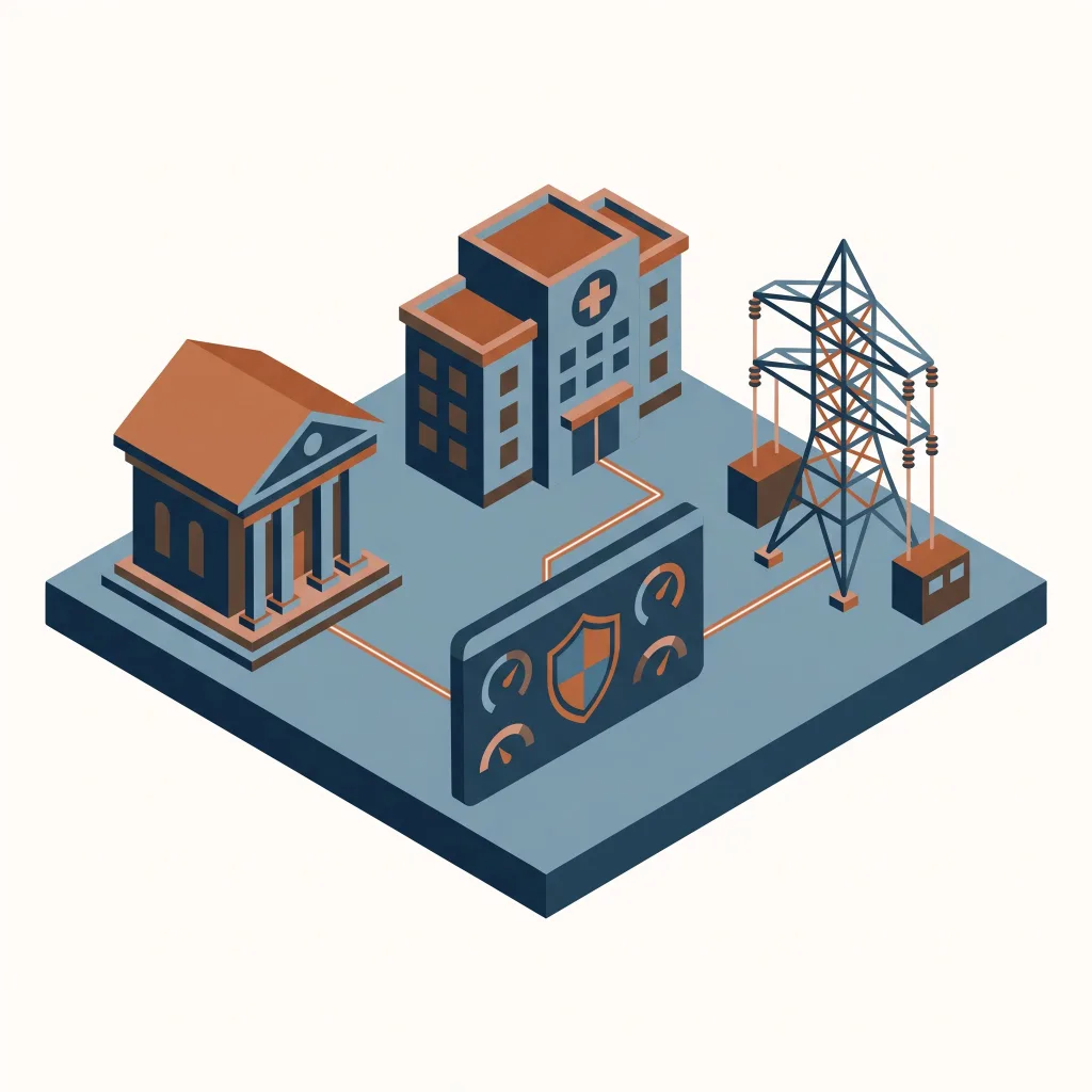 Ilustracja: bank, szpital i infrastruktura energetyczna połączone z panelem oceny ryzyka AI