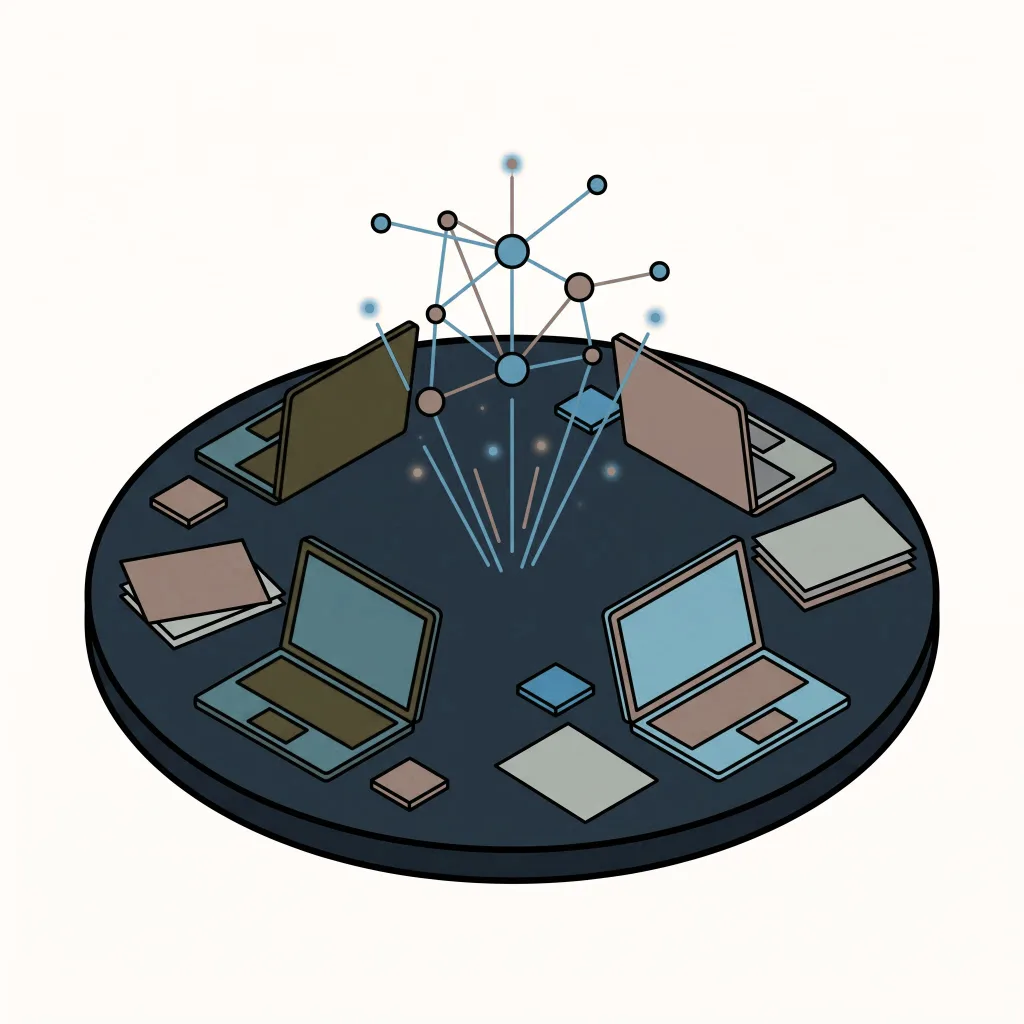 Ilustracja: stół warsztatowy z laptopami i diagramem połączeń – warsztaty eksperckie regulatora i rynku